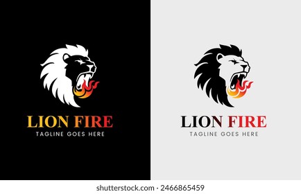 Lion minimalist logo, king lion symbol in red black, yellow color, lion face with fire vector icon red hart zoo forest