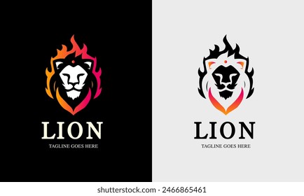 Lion minimalist logo, king lion symbol in red black, yellow color, lion face with fire vector icon red hart zoo forest