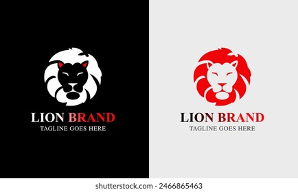 Lion minimalist logo, king lion symbol in red black, yellow color, lion face with fire vector icon red hart zoo forest