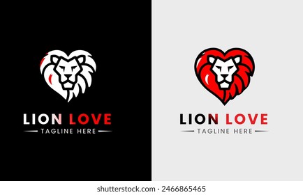 Lion minimalist logo, king lion symbol in red black, yellow color, lion face with fire vector icon red hart zoo forest