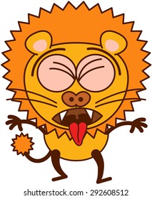 Lion in minimalistic style with rounded ears, bulging eyes, sharp teeth and tufted tail while clenching its eyes, opening its mouth, sticking its tongue out and expressing disgust as for throwing up