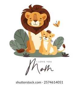 Lion mom and baby, cartoon style, mothers day illustration, cute animal