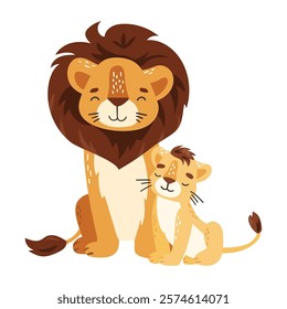 Lion mom and baby, cartoon style, mothers day illustration, cute animal