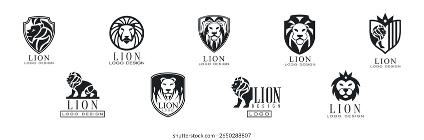 Lion Monochrome Logo and Label Design Vector Set