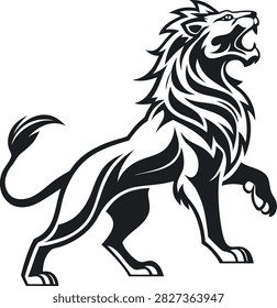 Lion in motion, roaring stance, dynamic symbol, strength, courage, wild energy, powerful animal, fierce beast, predatory nature, majestic.