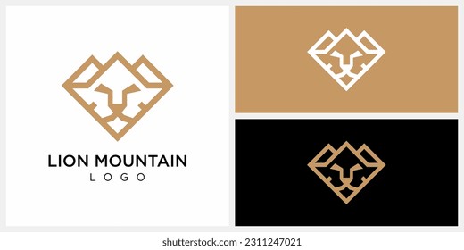 Lion Mountain Logo Design, Lion Home Roof Logo Design. Line art Outline Icon Symbols Vector EPS 10.