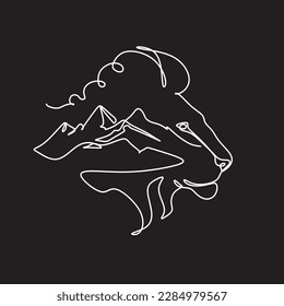 lion and mountains one line logo. minimalist Illustration of lion head in mountains