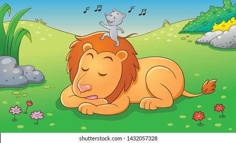The Lion and the Mouse. Aesop fairy fable tale illustration. Cartoon vector  Lion and mouse in jungle  background. 