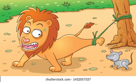 The Lion and the Mouse. Aesop fairy fable tale illustration. Cartoon vector  Lion and mouse in jungle  background. 