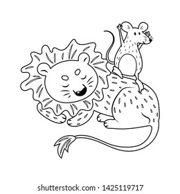 The lion and the mouse Aesop's fables vector illustration.  A mouse playing and dancing on sleeping lion. The lion and the mouse colorless cartoon for coloring book. 