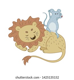 The lion and the mouse Aesop's fables vector illustration.  A mouse playing and dancing on sleeping lion. The lion and the mouse pastel cartoon. 