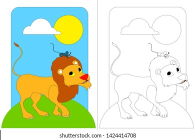 Lion and Mouse Fable. Coloring Book Vectoral Illustration. Coloring and Colorless Page Set.