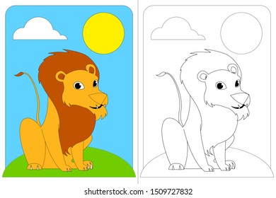 Lion and Mouse Fable. Single Lion . Coloring Book Vectoral Illustration. Coloring and Colorless Page Set.