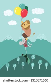 lion, mouse and grasshopper are flying balloons