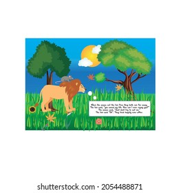 The Lion and The Mouse Story Page 3 Vector Illustration with Lion, Mouse, Jungle, Trees, Sun, Clouds, Grass, Flowers. Lion and Mouse are Friends Now Vector with Forest Colorful Wildlife Background. 