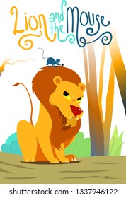 The Lion and the Mouse Tale Vectoral Illustration. Book Cover Version with handmade Font. For Children Books, Magazines, Blogs, Web Pages. White Background Isolated