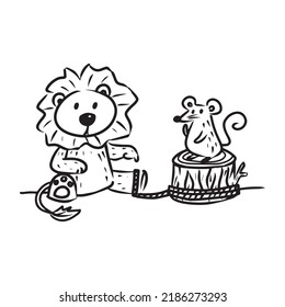 The lion and the mouse vector illustration for story book. Aesop's fable illustration transparent background. Cute line art cartoon for fairy tale story and book. 