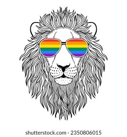 Lion muzzle with sunglasses  on white background. Idea for t-shirts design.