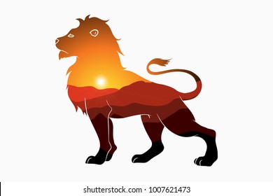 Lion and nature double exposure - animal silhouette with mountain landscape and sun. Modern trendy illustration for logo. Vector.