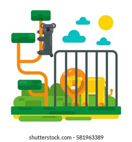 Lion near fence and lemur on abstract branches. Zoo picture in flat style design. Cartoon unau and big lion in cage vector illustration for children book. Sun and clouds in sky, fairy scenery