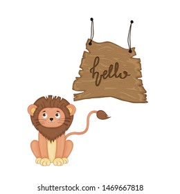 Lion near wooden signboard with the inscription "hello" in vector. Cartoon illustration