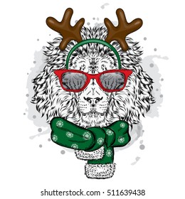 Lion in the New Year costume. Leo with horns in a scarf and sunglasses. Vector illustration for a card or poster. Christmas and New Year.