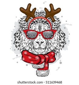 Lion in the New Year costume. Leo with horns in a scarf and sunglasses. Vector illustration for a card or poster. Christmas and New Year.