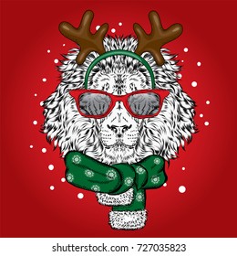 Lion in the New Year costume. Leo with horns in a scarf and sunglasses. Vector illustration for a card or poster. Christmas and New Year.
