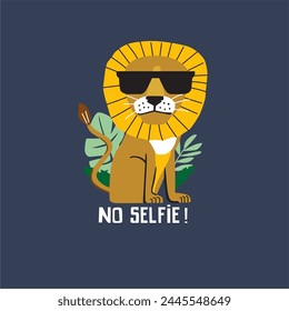 Lion no selfie with black glasses funny hand drawn doodle, cartoon alligator. Good for Poster or t-shirt textile graphic design. Vector hand drawn illustration.