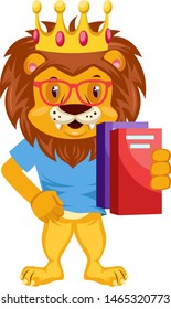 Lion with notebooks, illustration, vector on white background.