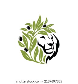 Lion with olive branch mane logo - isolated vector illustration