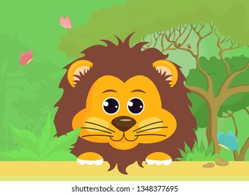 Lion on the background of nature. Cartoon cute lion cub in the forest. Poster, album cover, banner, leaflet, background in hand-drawn style. Vector illustration.