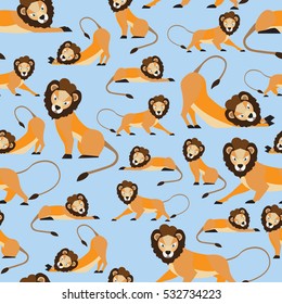 Lion on blue background, Seamless pattern design. 
