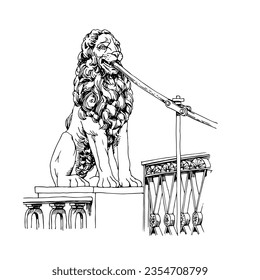 A lion on the bridge. Russia, St. Petersburg. Vector illustration in black ink, isolated on a white background.