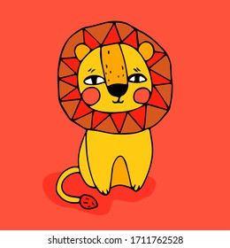 Lion on a bright orange background. Vector illustration