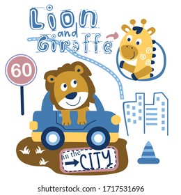 lion on the car funny animal cartoon,vector illustration