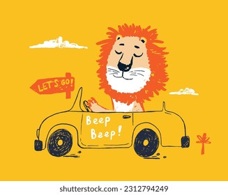 Lion on car funny cool summer t-shirt print design. Road trip on automobile. Slogan. Drive vacation safari animal illustration. Beach travel kids typography nursery poster Adorable holiday pattern