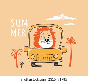 León en el coche divertido diseño de estampado de camisetas de verano fresco. Viaje por carretera en automóvil. Lema. Conduzca la ilustración de animales de safari vacacional. Afiche de la guardería infantil de viajes en la playa Patrón de vacaciones aconsejables