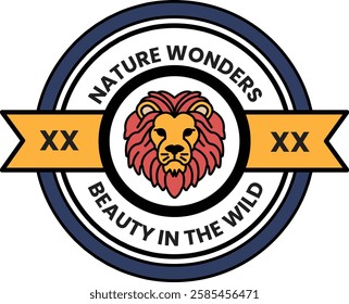 A lion is on a circular badge in the style of sign illustrations