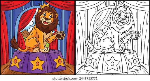 Lion on Circus Podium Coloring Page Illustration