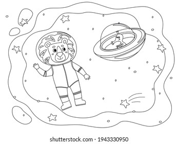 The lion on the outer space. Funny animal cartoon for coloring page, vector illustration