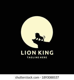 Lion on Rock, Black Silhouette on Moon Background, Logo Design Vector Illustration