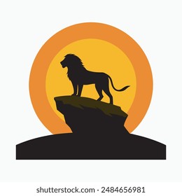Lion on a rock - black silhouette on background of the sunset. African Safari. Vector illustration