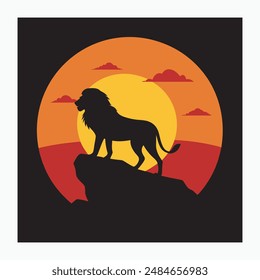 Lion on a rock - black silhouette on background of the sunset. African Safari. Vector illustration