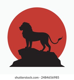 Lion on a rock - black silhouette on background of the sunset. African Safari. Vector illustration