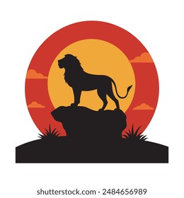 Lion on a rock - black silhouette on background of the sunset. African Safari. Vector illustration