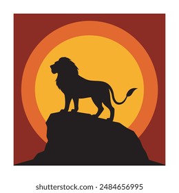 Lion on a rock - black silhouette on background of the sunset. African Safari. Vector illustration