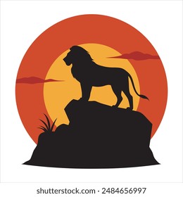 Lion on a rock - black silhouette on background of the sunset. African Safari. Vector illustration