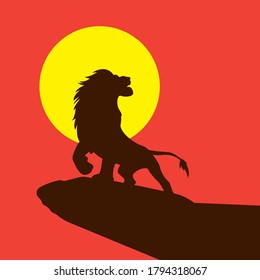 León en un vector de roca, fondo de puesta de sol