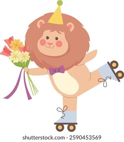 Lion On Roller Skates With Birthday Flowers Bouquet Vector Illustration